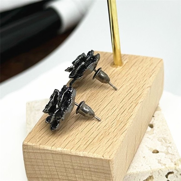 Blue Floral Gold Trim Sparkling Solid Earrings - Picture 3 of 5